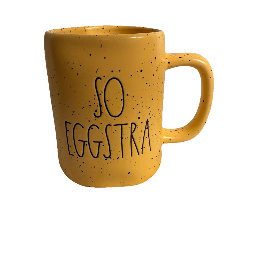 Rae Dunn Yellow Ceramic Speckled 16 Ounce Coffee Mug  “ SO EGGSTRA”
